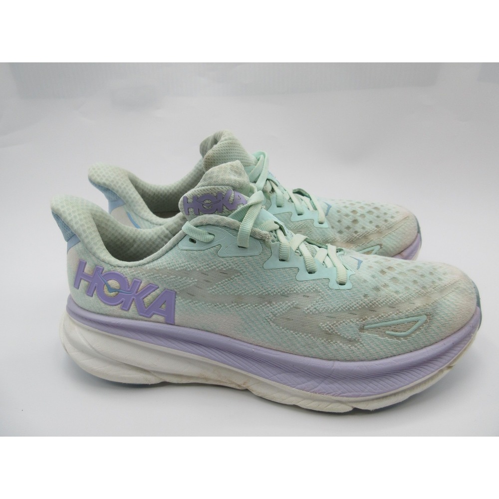 HOKA Clifton 9 Running Shoes Womens‎ Size 9.5 Mint Green Purple Cushion Sneakers